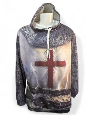 Medieval Cross Graphic Hooded Pullover- Grey & Red knights Templar Halloween